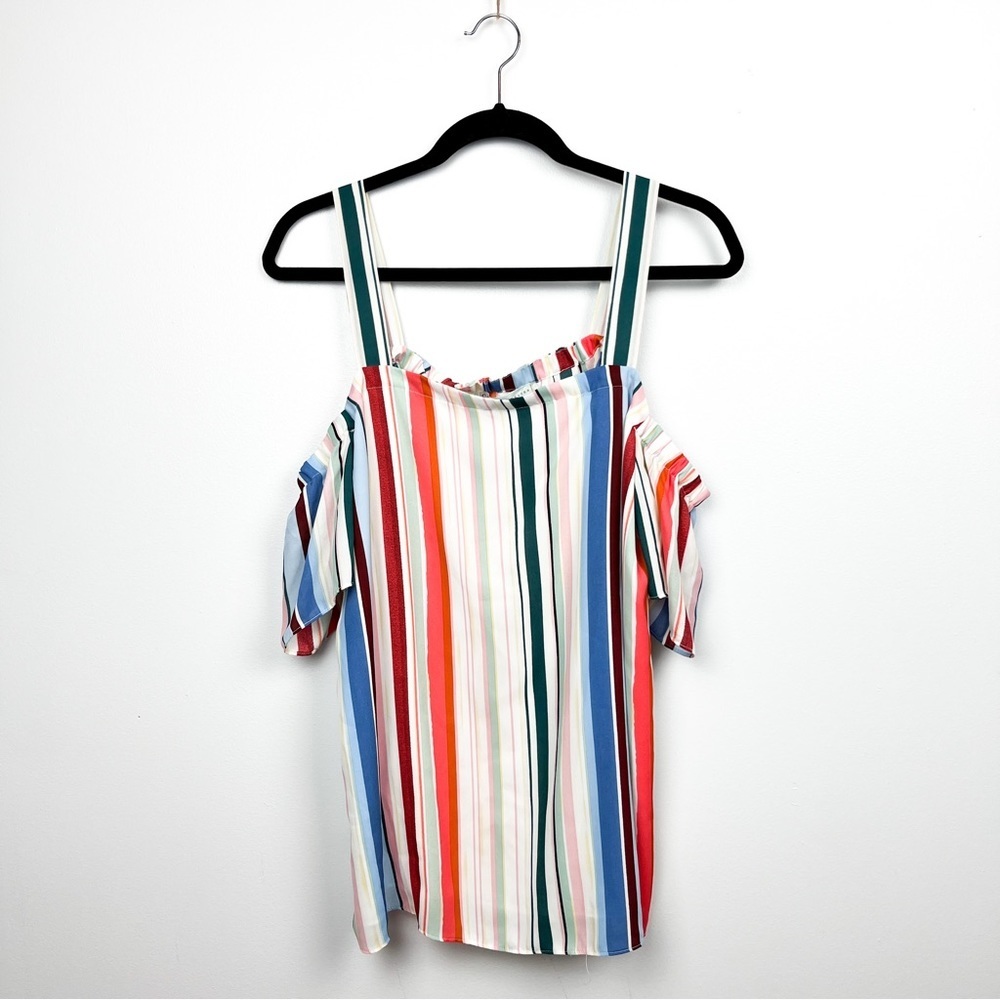 Cleo Petites Cold Shoulder Striped White, Orange, Blue & Green Top